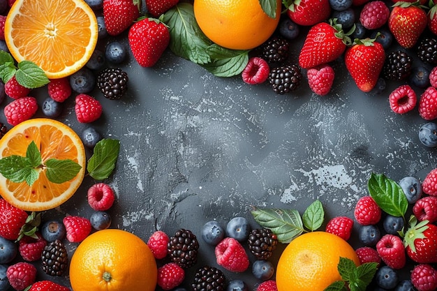 Top view different fresh fruits with red strawberries on grey background