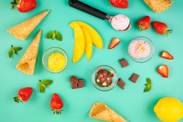 Top view of different ice cream with the ingredients