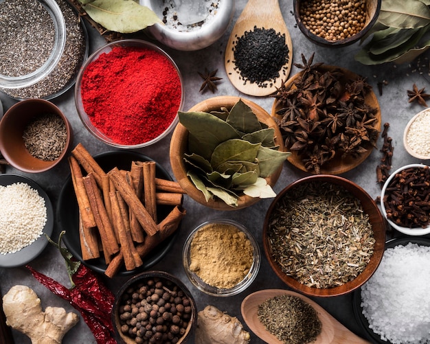 Top view different spices arrangement