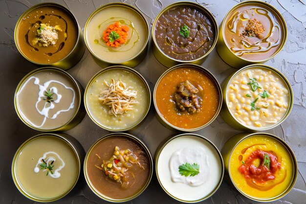 Photo a top view of different types and sizes of soup cans arranged in an aesthetically pleasing pattern