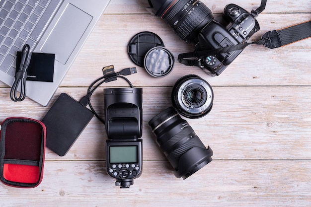 Top view of digital photography tools