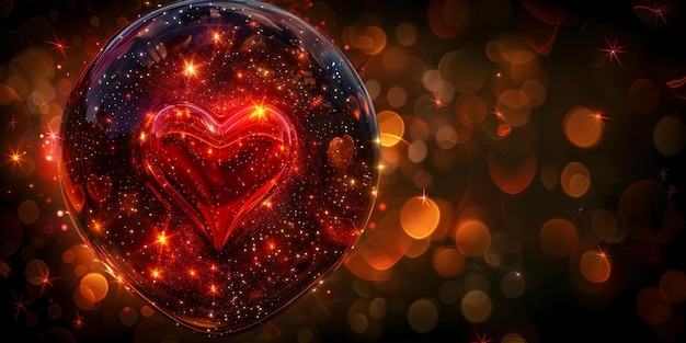 Top View of Digital Red Heart Shape Inside Dark Sphere with Stars Concept Digital Art Heart Shape Top View Dark Sphere Stars