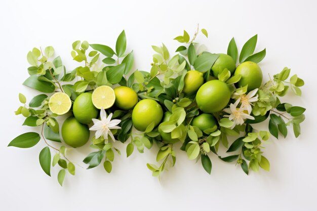 The top view displays a flat lay of lime and green branches beautifully arranged encased