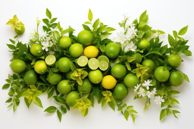 The top view displays a flat lay of lime and green branches beautifully arranged encased