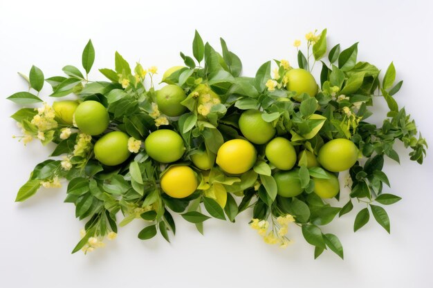 The top view displays a flat lay of lime and green branches beautifully arranged encased