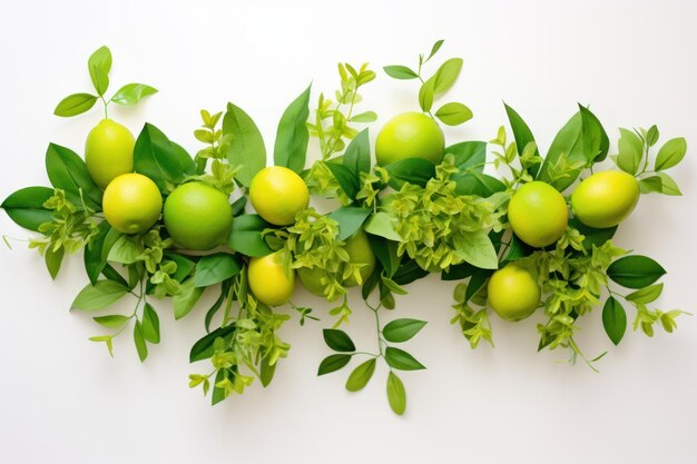 The top view displays a flat lay of lime and green branches beautifully arranged encased