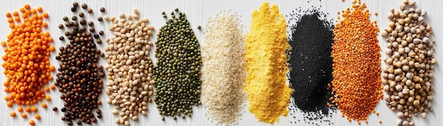 Top view of diverse grains and legumes arranged in rows on white background