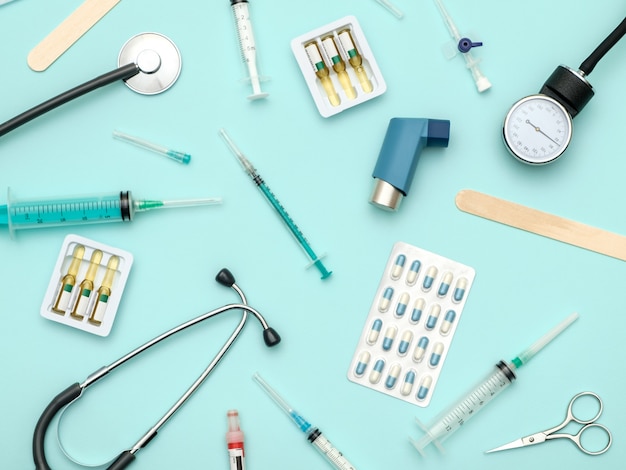 Top view of doctor's table with stethoscope and other equipment