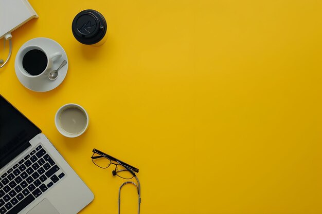 Top View Of Doctors Desk With Coffee Cup Laptop Against Yellow Background