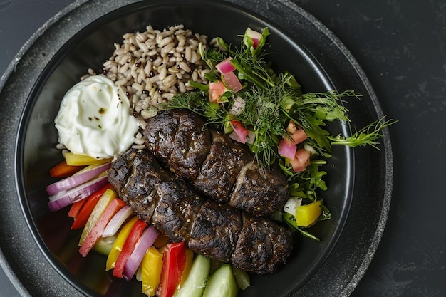 Top view dolma with meat tasty inside black plate along with yogurt on the grey