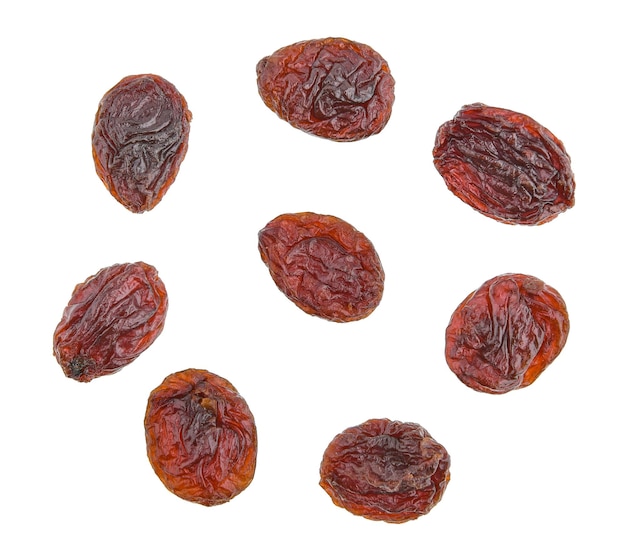 Top view of Dried raisins isolated on white background