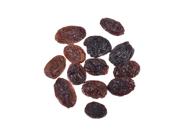 Top view of Dried raisins isolated on white background