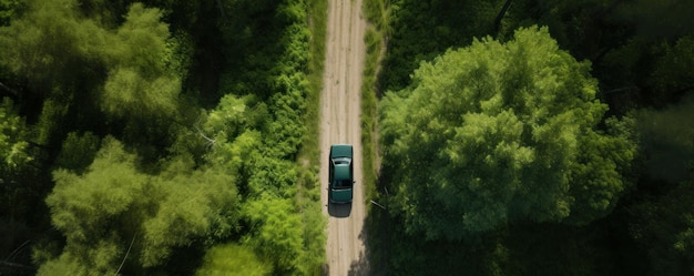 A top view drone shot of a red car on a winding road surrounded by lush greenery