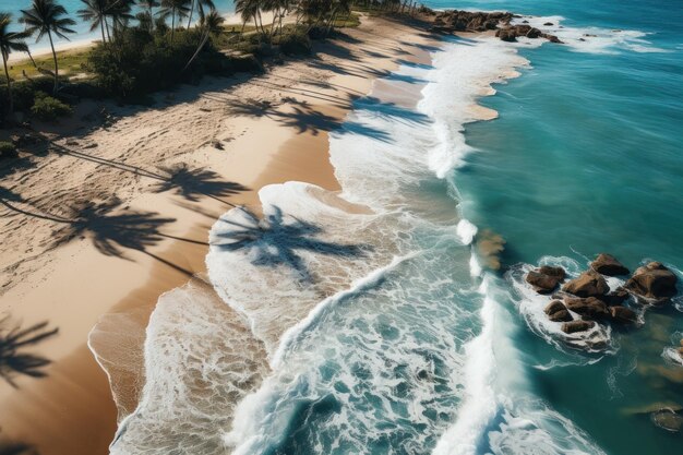 Top view of drone shot sandy beach palm leaves and waves landscapes