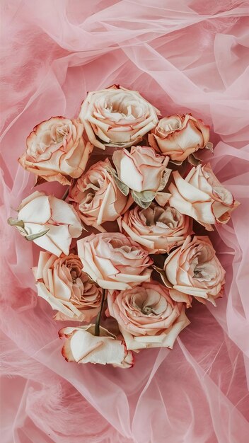 top view of dry rose flowers over pink pastel background with copy space