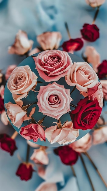 top view of dry roses flowers over blue pastel background with copy space