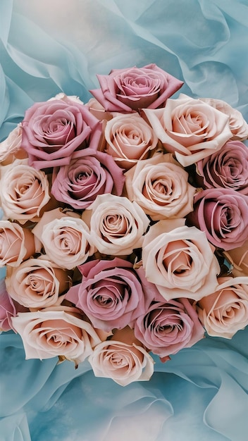 top view of dry roses flowers over blue pastel background