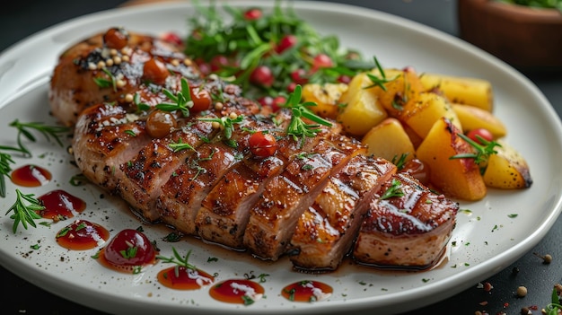 The top view of a duck fillet with cherry sauce and stewed pears on a white plate