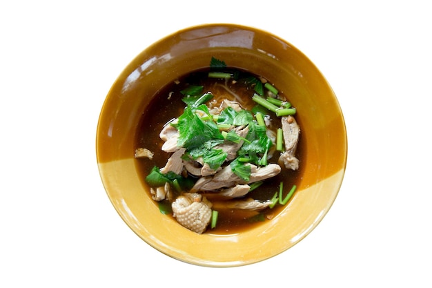 Top view of Duck noodles soup focus selective