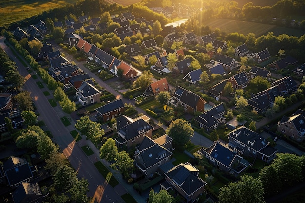 Photo top view at a dutch suburban area with modern family houses at sunset