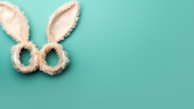 Photo top view of easter bunny ears on isolated teal background with copy space