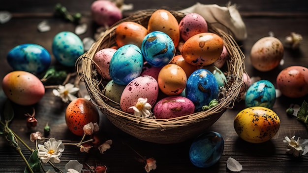 Top view of easter dotted pastel colors eggs in a wicker basket on wooden table selective focus