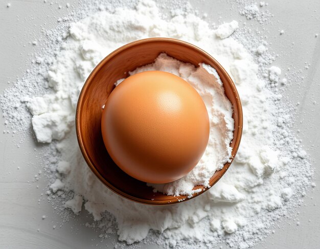 Top view of an egg and flour on a table in food photography Product shot with studio lighting and h