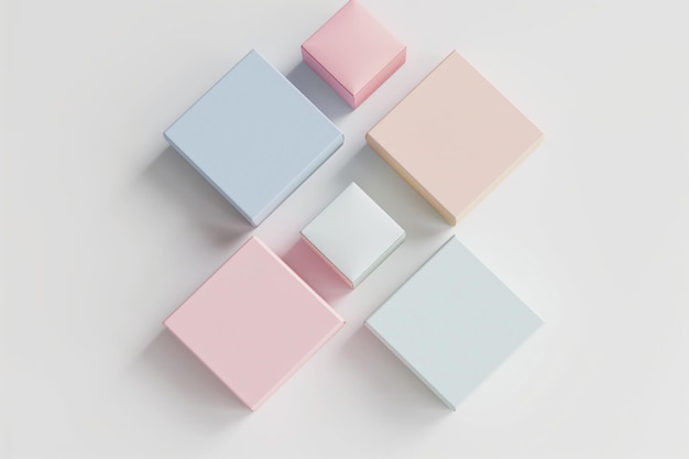 Top view of elegant pastelcolored gift boxes arranged neatly on a white surface