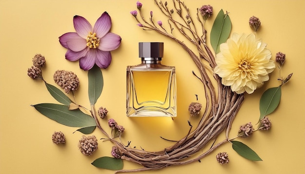 Top View of Elegant Perfume Bottle with Flowers and Oud on Yellow Background