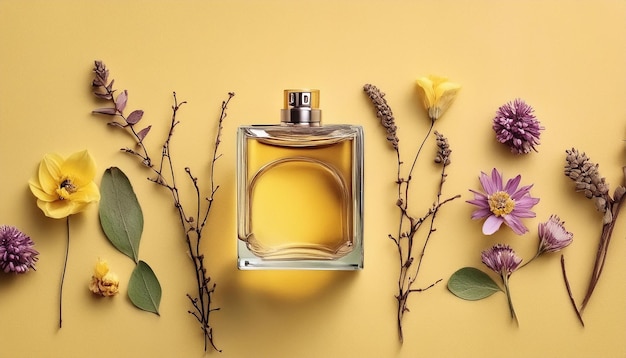 Top View of Elegant Perfume Bottle with Flowers and Oud on Yellow Background