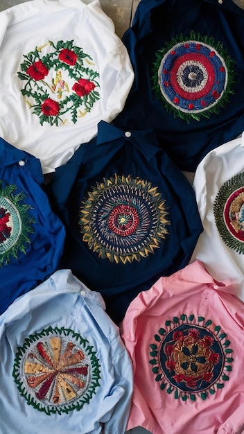 Photo top view embroidered shirts arrangement