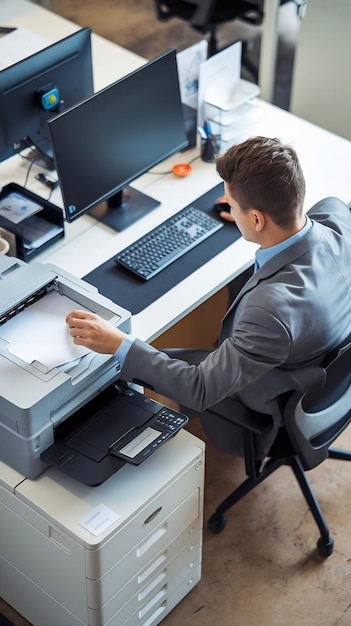 Top view employee using printer