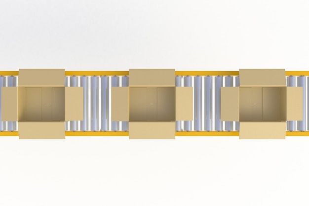 Top view empty cardboard box on yellow conveyor line 