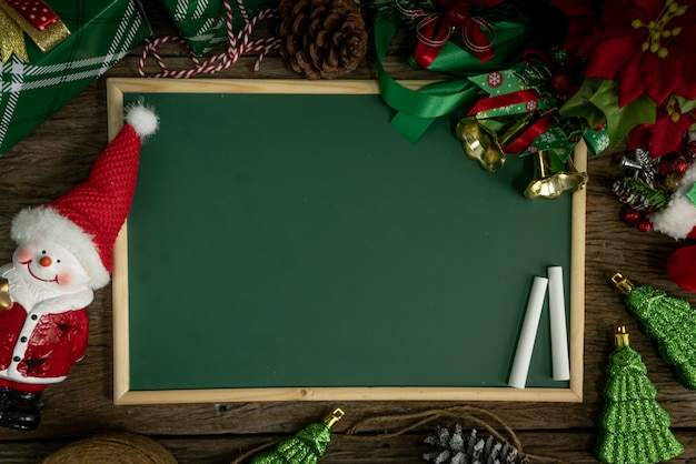 Top view, empty chalkboard Decoration with gift box and lights on Christmas Day 