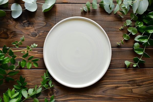 top view of empty circle white plate on brown wooden table