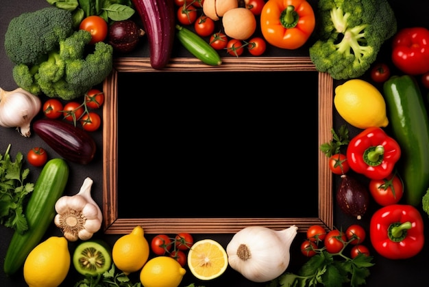 Top view of empty frame amidst fresh vegetables and fruits generative ai