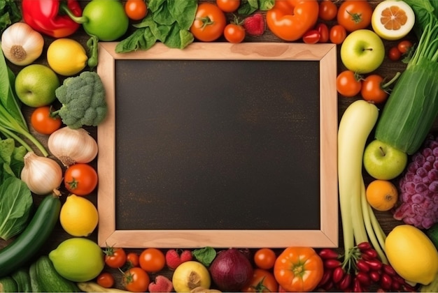 Top view of empty frame amidst fresh vegetables and fruits generative ai