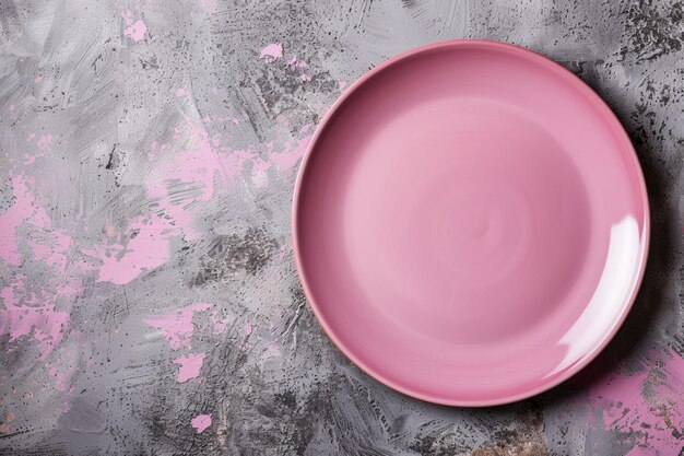 Photo top view of empty pink plate on cement background empty space for your design