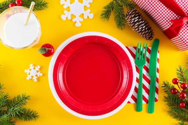 Top view of empty red christmas plate.