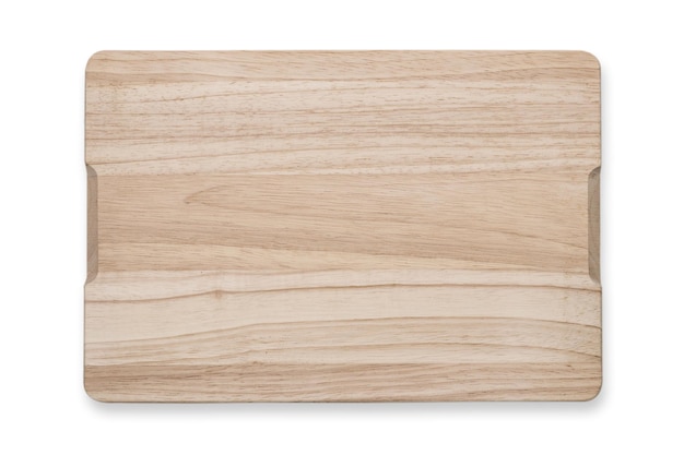 Top view of an empty wooden cutting board isolated on a white bakcground high details