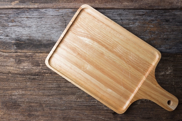 Top view empty wooden tray on old wooden floor