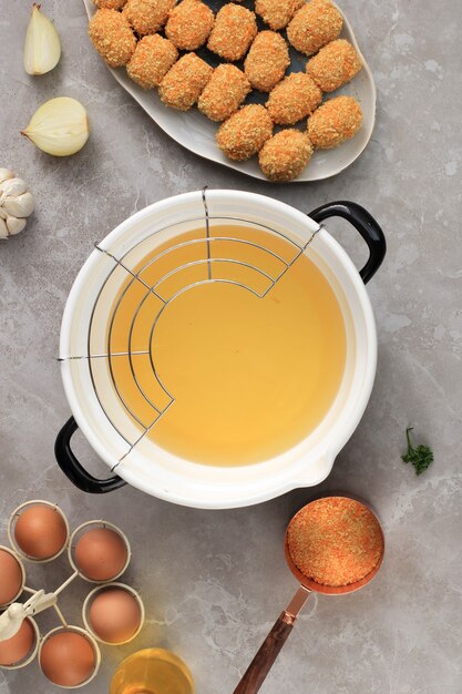 Top View Enamel Deep Fried Pan with Stainless Rack, Preparing Cooking Nugget/Arancini in the Kitchen