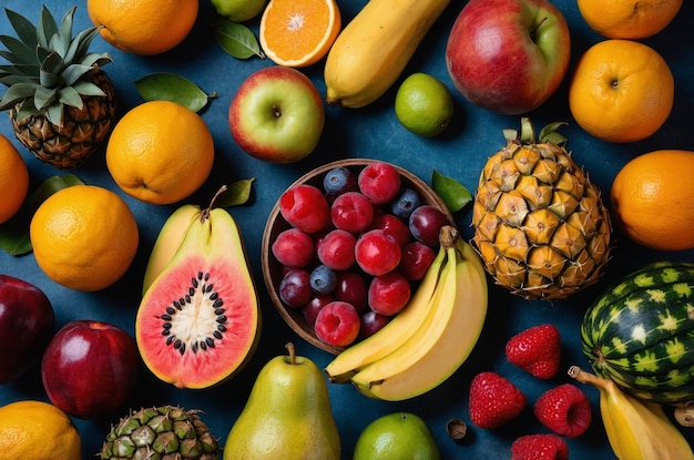 Top View of Exotic and Fresh Fruits with Copy Space