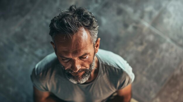 Top view of expression of a man who lying on the floor and entered in resting state