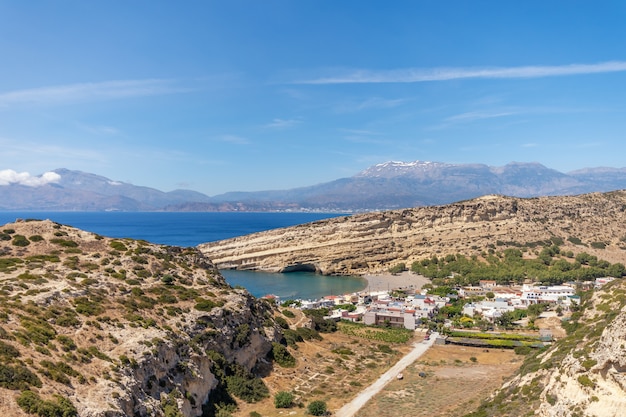 Top view of the famous beach of Matala on the island of Crete