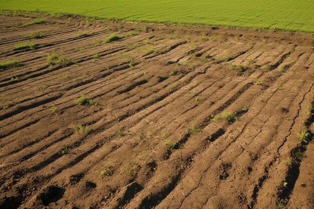 Top view of farm field with green grass and plowed soil