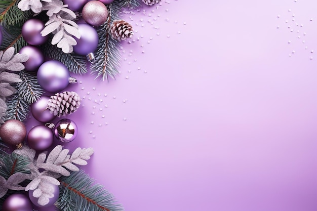 Top view featuring winter Christmas accessories on light purple background Made with Generative AI