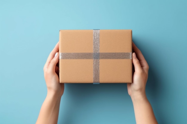 Top view to female hands holding brown cardboard box on light blue background Mockup parcel