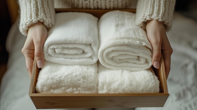 Photo top view female hands neatly folded white clean towels in case box use japanese orga generative ai