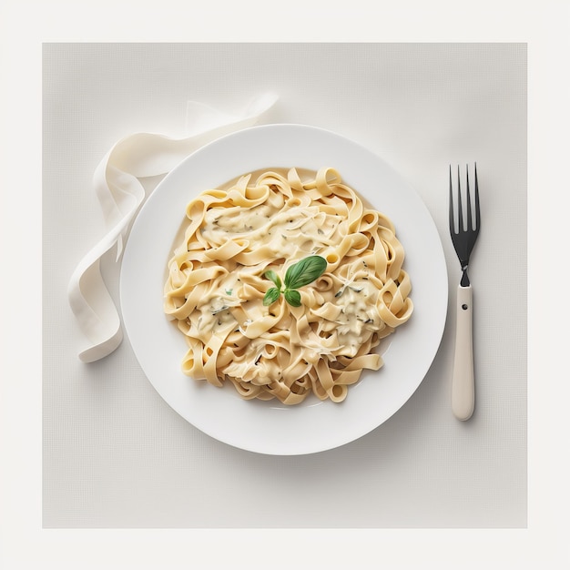 Top view fettucine with alfredo sauce on white background